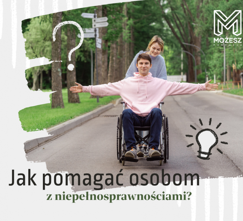 jak pomagać osobom z niepełnosprawnościami? obrazek ilustrujący post na blogu, przedstawia osobę na wózku inwalidzkim oraz drugą osobę, znajdującą się na wózku, obie stoją na alei pełnej drzew